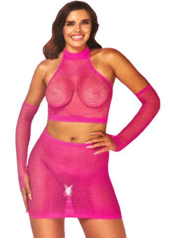 Net Top, Nederdel og Arm Sleeves i Pink